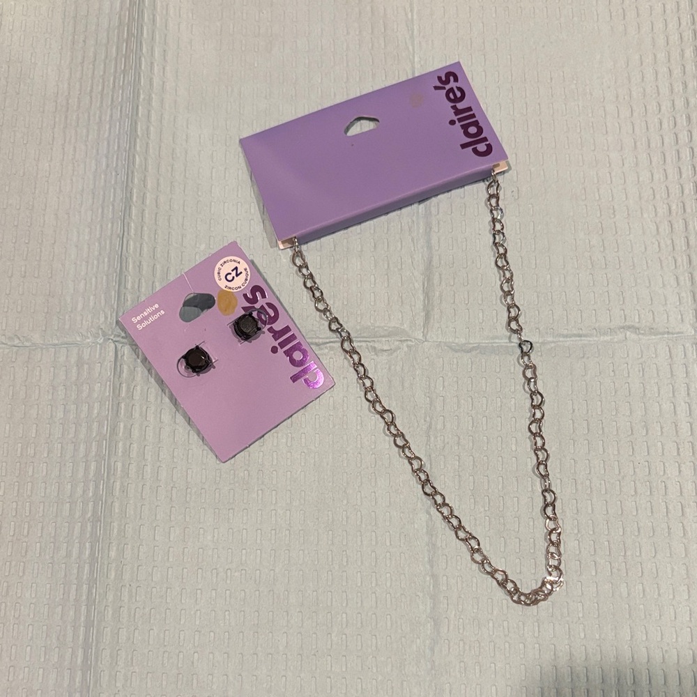 Claire's Silver Chain Necklace with Black Stud Earrings